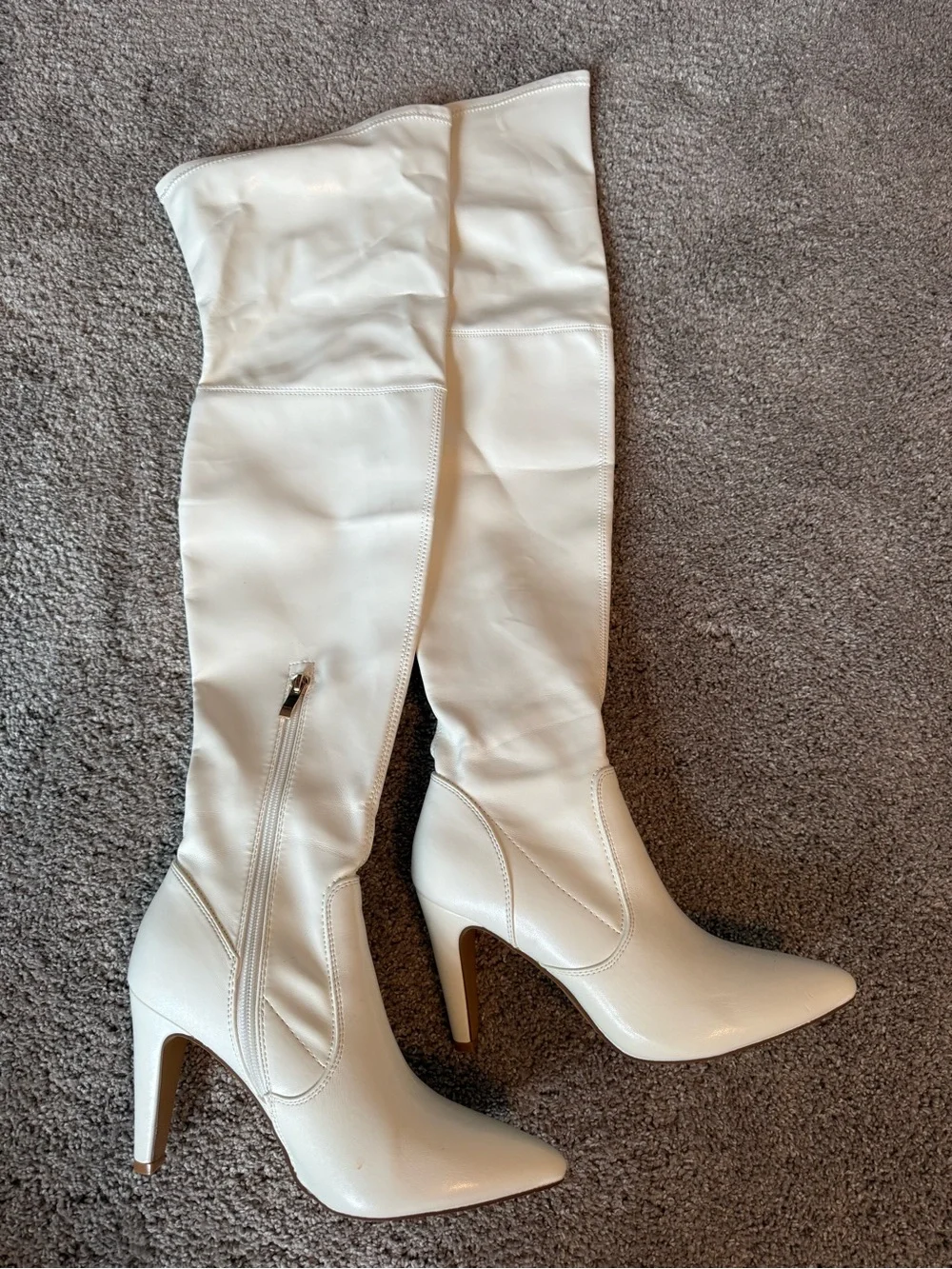 Cream Over-The-Knee Pointed Toe Heeled Boots